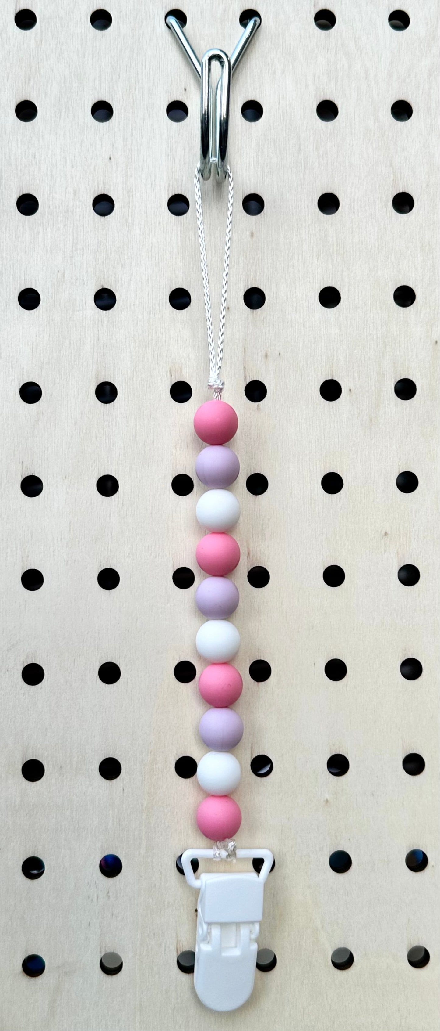 Pink/Purple/White Pacifier Clip