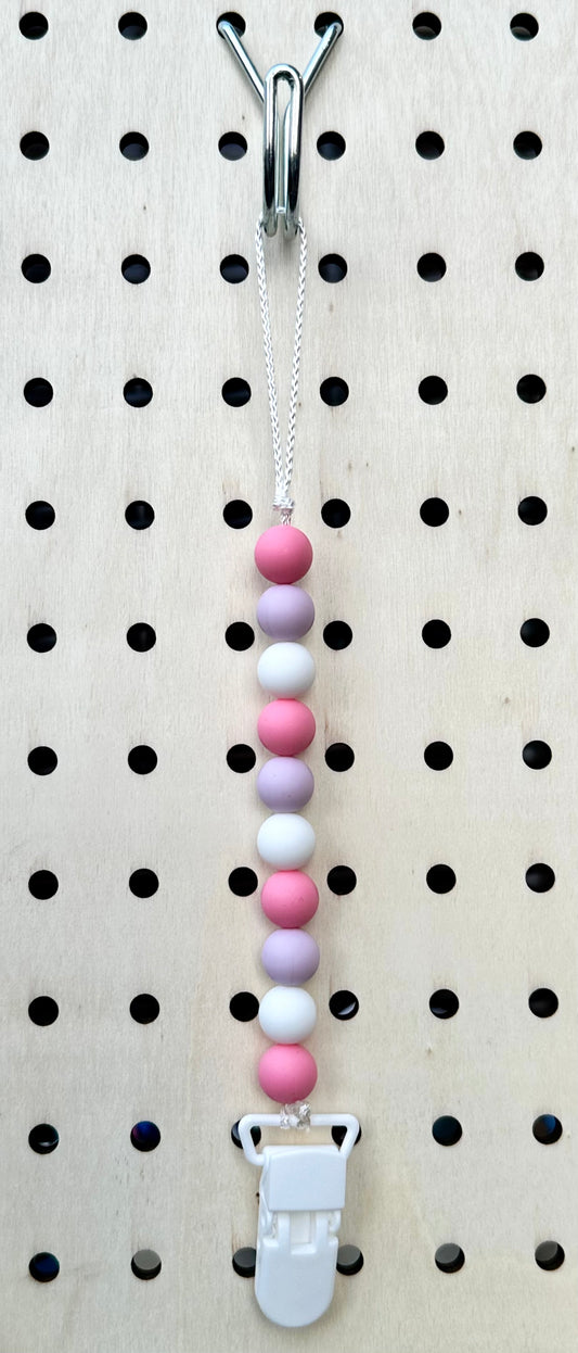Pink/Purple/White Pacifier Clip