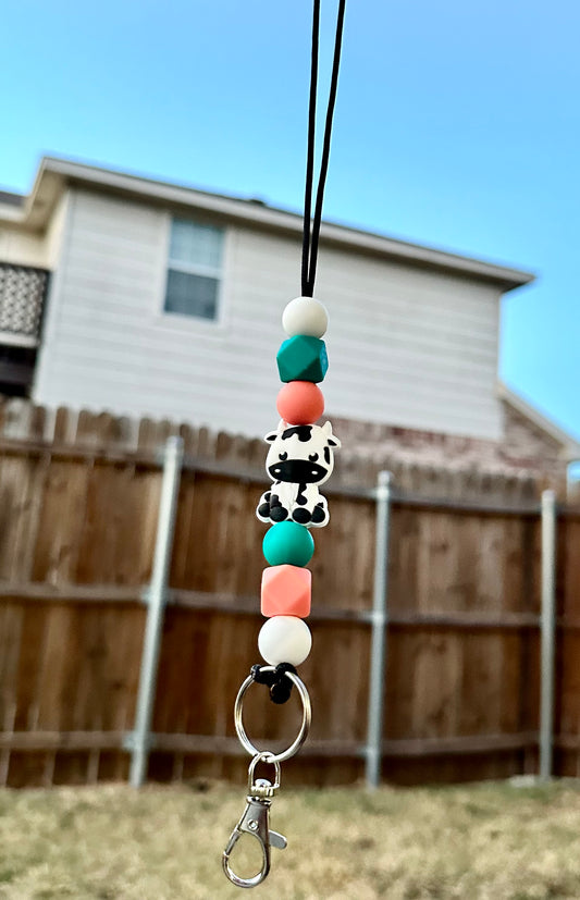 Turquoise/Coral Cow - Lanyard
